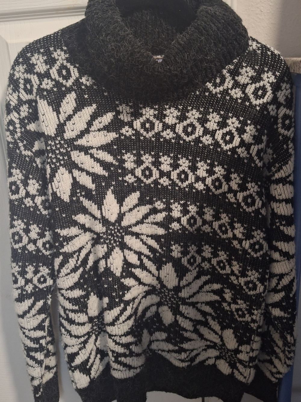 Black & Cream Floral Fair Isle Cowl Neck Sweater